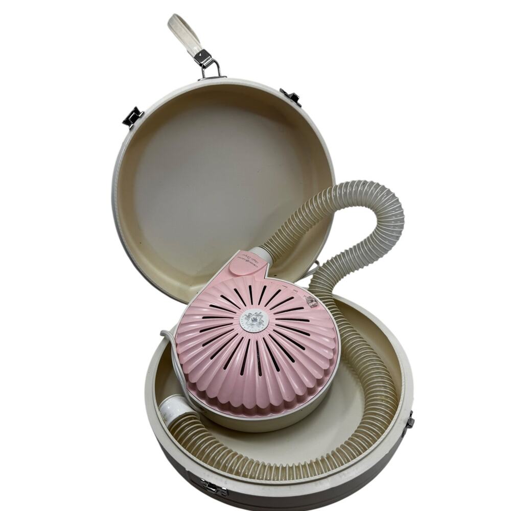 Vintage GE Portable Hair Dryer Pink Bonnet Hat Box Case MidCentury Working Retro